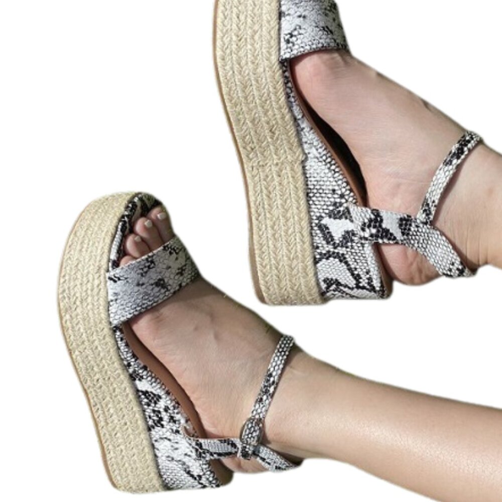 Snake-Print Wedge Espadrille Sandals - White/Black